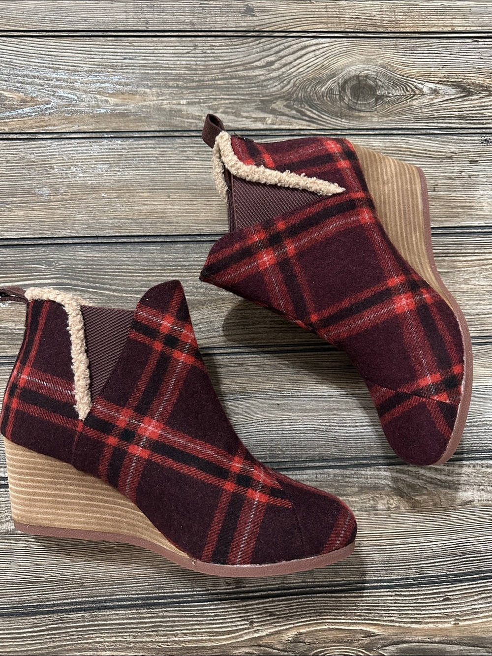 Plaid Sherpa Trim Wedge Booties - Burgundy Red Tom’s